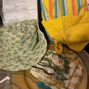 Vintage Ribbon/Paper woven beach hat, apron & 5 beautiful necklaces